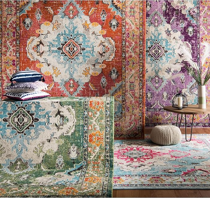 SAFAVIEH Monaco Collection X-Large Area Rug - 12' x 18', Orange & Light Blue, Medallion Distressed Design, Non-Shedding & Easy Care, Ideal for High Traffic Areas in Living Room, Bedroom (MNC243H)