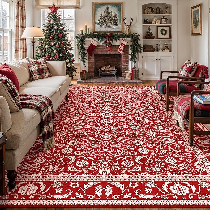 HUGEAR Christmas 9x12 Machine Washable Rugs Red Hallway Large Area Rug Indoor Accent Rug Floral Low Pile Carpet Soft Throw Aesthetic Rug Bedroom Living Room Office Dining Room Kitchen Laundry Room