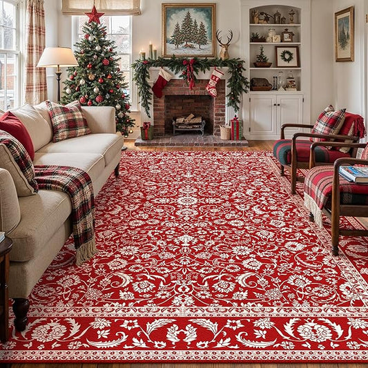HUGEAR Christmas 6x9 Machine Washable Rugs Red Hallway Large Area Rug Indoor Accent Rug Floral Low Pile Carpet Soft Throw Aesthetic Rug Bedroom Living Room Office Dining Room Kitchen Laundry Room