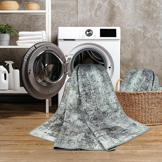 GLN Rugs Contemporary Collection - Machine Washable Area Rug, Contemporary Washable, Non Slip, Low Pile Chenille Rug, Living Room, Bedroom, Kitchen Rug (9' x 12' Grey/Green)