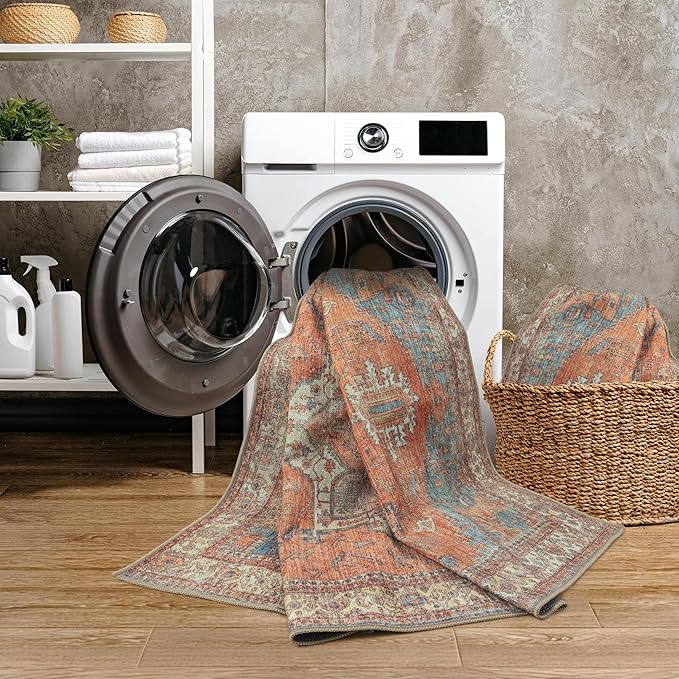 GLN Rugs Traditional Collection - Machine Washable Area Rug, Traditional Washable, Non Slip, Low Pile Chenille Rug, Living Room, Bedroom, Kitchen Rug (3' x 5' Terra/Multicolor)
