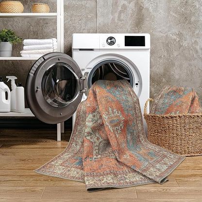 GLN Rugs Traditional Collection - Machine Washable Area Rug, Traditional Washable, Non Slip, Low Pile Chenille Rug, Living Room, Bedroom, Kitchen Rug (3' x 5' Terra/Multicolor)