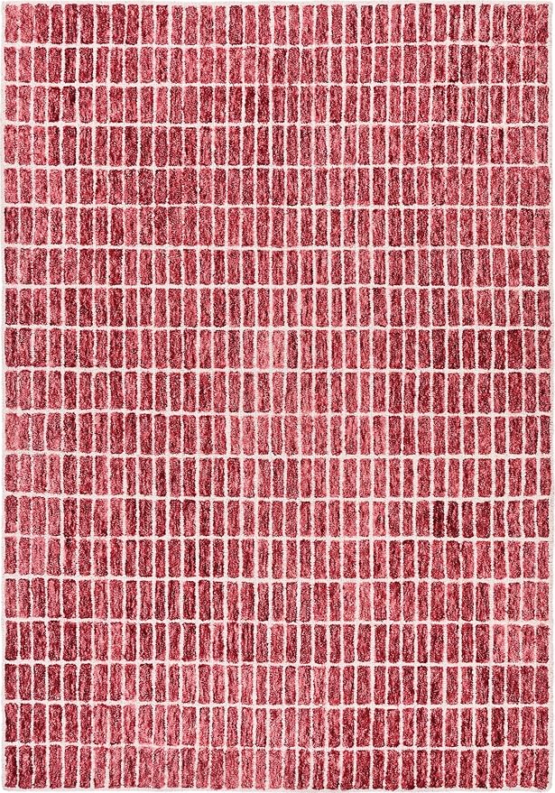 Hand-Tufted 100% Wool Area Rug – Unique Modern Geometric Grid Pattern, Soft Plush Textured Carpet for Living Room, Bedroom, Dining Room & Entryway (Brick Red, 6' x 8')