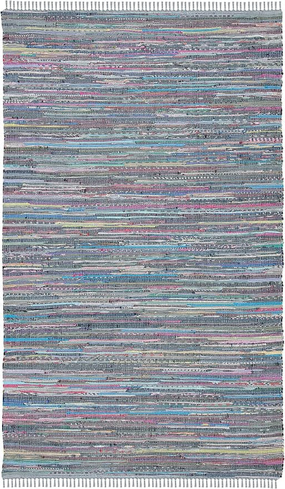 SAFAVIEH Rag Rug Collection Area Rug - 5' x 8', Aqua & Multi, Handmade Boho Stripe Cotton, Ideal for High Traffic Areas in Living Room, Bedroom (RAR121K)