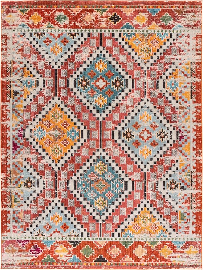 SAFAVIEH Madison Collection Area Rug - 9' x 12', Rust & Pink, Boho Diamond Distressed Design, Non-Shedding & Easy Care, Ideal for High Traffic Areas in Living Room, Bedroom (MAD418Q)