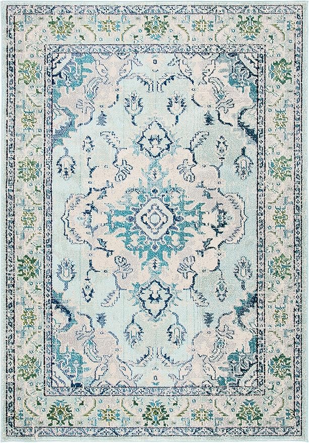 SAFAVIEH Monaco Collection Area Rug - 5'1" x 7'7", Light Blue & Ivory, Boho Chic Medallion Distressed Design, Non-Shedding & Easy Care, Ideal for High Traffic Areas in Living Room, Bedroom (MNC243K)