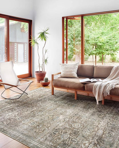 Loloi Layla Collection LAY-13 Antique/Moss 9'-0" x 12'-0" .13" Thick Area Rug, Soft, Durable, Vintage Inspired, Distressed, Low Pile, Non-Shedding, Easy Clean, Printed, Living Room Rug