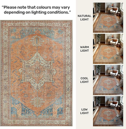 GLN Rugs Traditional Collection - Machine Washable Area Rug, Traditional Washable, Non Slip, Low Pile Chenille Rug, Living Room, Bedroom, Kitchen Rug (6' x 9' Terra/Multicolor)