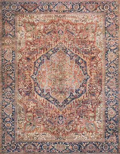 Loloi Layla Collection LAY-08 Red/Navy 7'-6" x 9'-6" .13" Thick Area Rug, Soft, Durable, Vintage Inspired, Distressed, Low Pile, Non-Shedding, Easy Clean, Printed, Living Room Rug