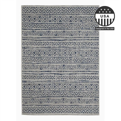 FH Home Flat Woven Outdoor Rug - Waterproof, Easy to Clean, Stain Resistant - Premium Polypropylene Yarn - Striped Boho - Large Patio, Deck, Sunroom - Amman - Blue - 7ft 8in x 9ft 8in