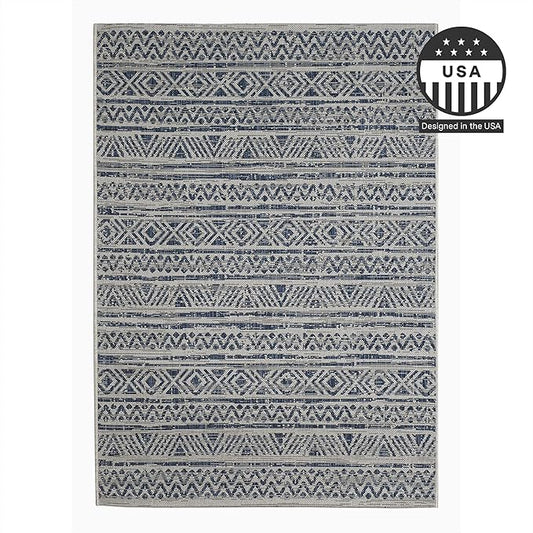 FH Home Flat Woven Outdoor Rug - Waterproof, Easy to Clean, Stain Resistant - Premium Polypropylene Yarn - Striped Boho - Large Patio, Deck, Sunroom - Amman - Blue - 7ft 8in x 9ft 8in