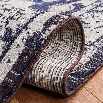 SAFAVIEH Monaco Collection Area Rug - 6'7" Square, Ivory & Navy, Boho Chic Medallion Distressed Design, Non-Shedding & Easy Care, Ideal for High Traffic Areas in Living Room, Bedroom (MNC243C)
