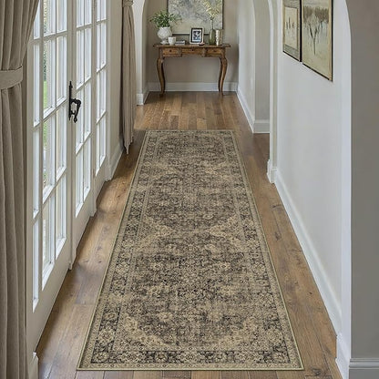 HUGEAR 2x8 Runner Rug Hallway Machine Washable Retro Brown Vintage Floral Low Pile Carpet Distressed Long Throw Rug Bedroom Office Bathroom Kitchen Laundry Non Slip Soft Lightweight