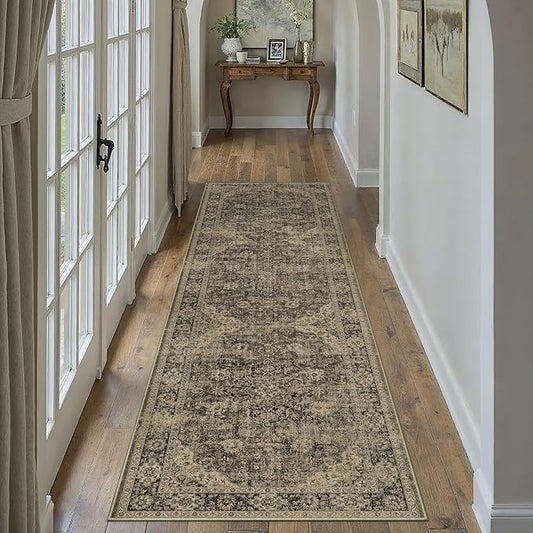 HUGEAR 2x8 Runner Rug Hallway Machine Washable Retro Brown Vintage Floral Low Pile Carpet Distressed Long Throw Rug Bedroom Office Bathroom Kitchen Laundry Non Slip Soft Lightweight