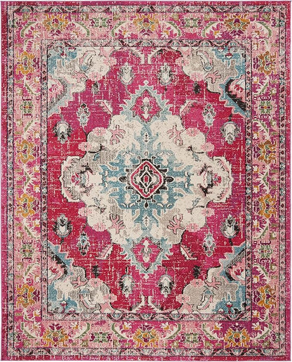 SAFAVIEH Monaco Collection Area Rug - 6'7" x 9'2", Pink & Multi, Boho Chic Medallion Distressed Design, Non-Shedding & Easy Care, Ideal for High Traffic Areas in Living Room, Bedroom (MNC243D)