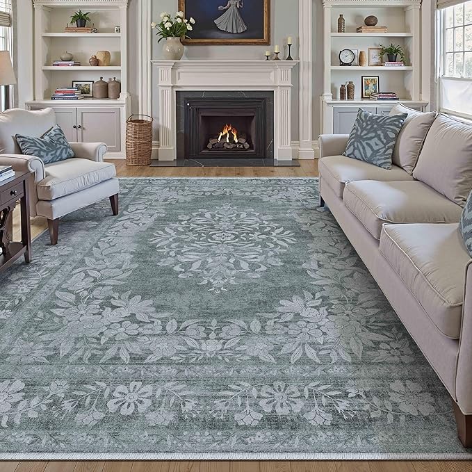 8x10 Area Rug Gray Washable Vintage Distressed Living Room Carpet Large Bedroom Indoor Medallion Floral Non Slip Retro Throw Floor Mat for Office Dining Room Kitchen Bathroom