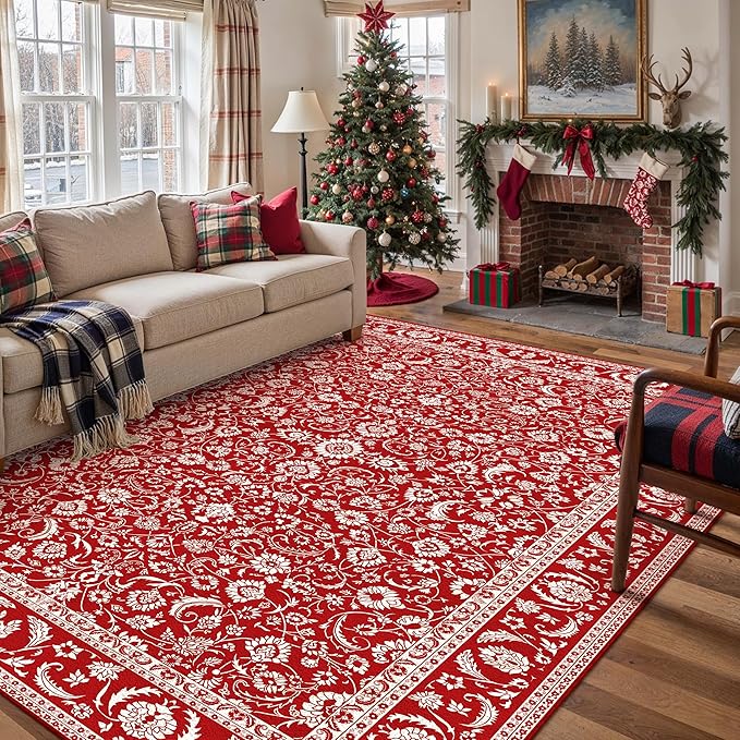 HUGEAR Christmas 9x12 Machine Washable Rugs Red Hallway Large Area Rug Indoor Accent Rug Floral Low Pile Carpet Soft Throw Aesthetic Rug Bedroom Living Room Office Dining Room Kitchen Laundry Room