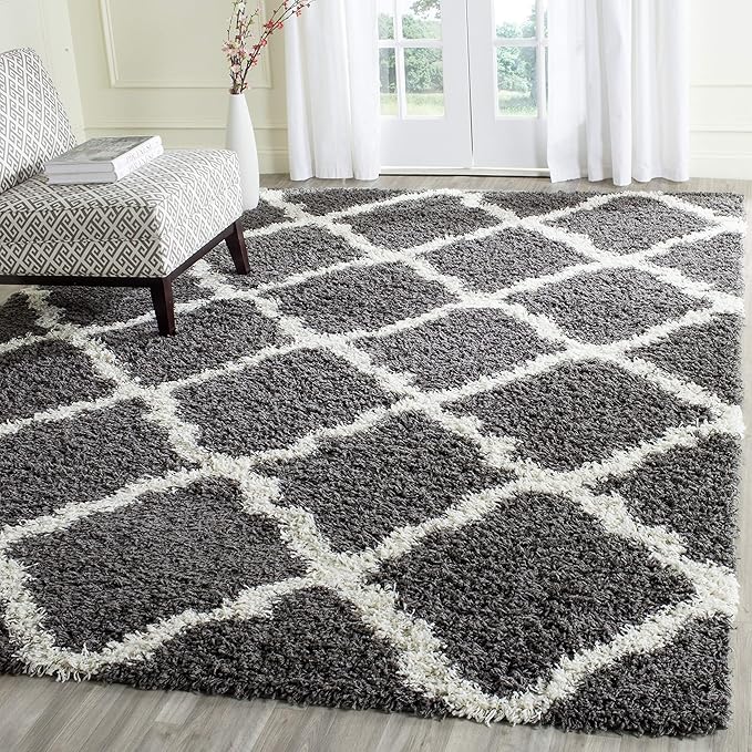 SAFAVIEH Dallas Shag Collection Area Rug - 10' Square, Dark Grey & Ivory, Trellis Design, Non-Shedding & Easy Care, 1.5-inch Thick Ideal for High Traffic Areas in Living Room, Bedroom (SGD257A)