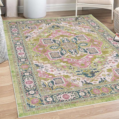 Ambesonne Ethnic Decorative Rug, Bohemian Retro Themed Floral Detail Cultural Abstract Shapes Flourish, Quality Carpet for Bedroom Dorm and Living Room, 4' X 5' 5", Pistachio Green Pink Teal