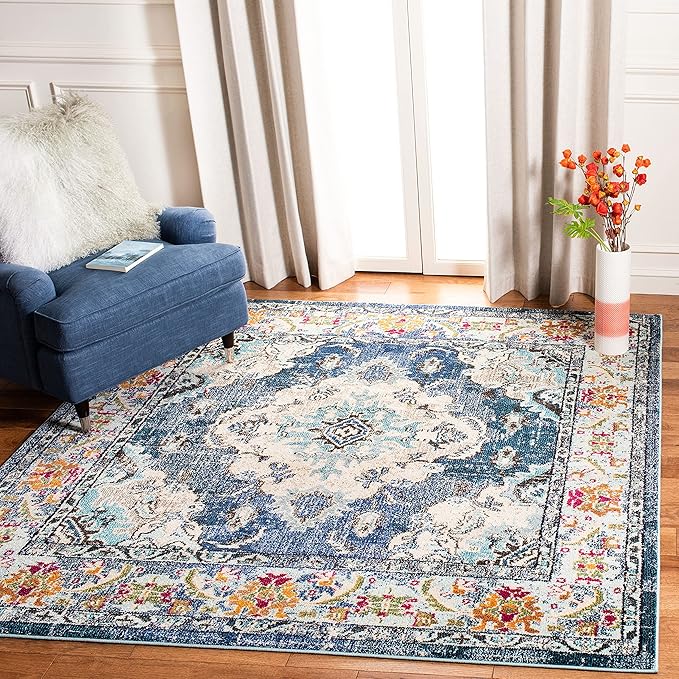 SAFAVIEH Monaco Collection Area Rug - 12' Square, Navy & Light Blue, Boho Chic Medallion Distressed Design, Non-Shedding & Easy Care, Ideal for High Traffic Areas in Living Room, Bedroom (MNC243N)