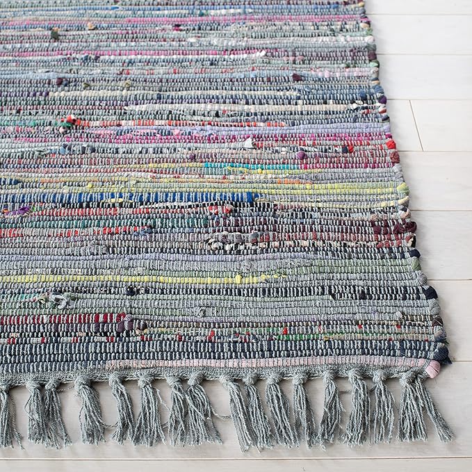 SAFAVIEH Rag Rug Collection Area Rug - 8' x 10', Aqua & Multi, Handmade Boho Stripe Cotton, Ideal for High Traffic Areas in Living Room, Bedroom (RAR121K)