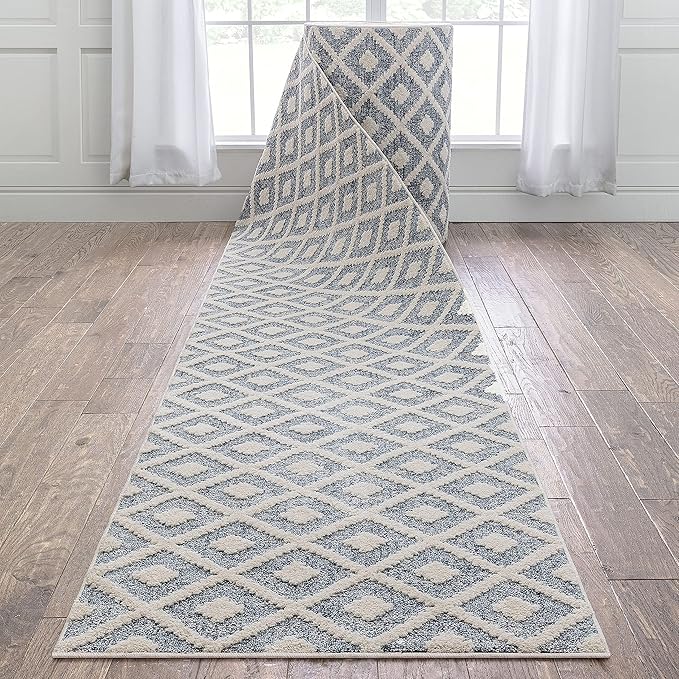 Well Woven Custom Size Hallway Stair Runner - Choose Your Length - Ainsley Blue Diamond Trellis Geometric Tribal - 31 Inches Wide x 16 Feet Long Runner (31" x 16' Runner) Rug