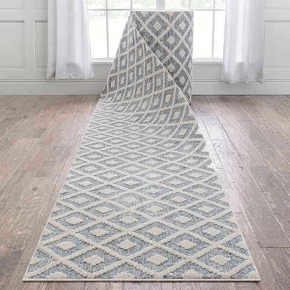 Well Woven Custom Size Hallway Stair Runner - Choose Your Length - Ainsley Blue Diamond Trellis Geometric Tribal - 31 Inches Wide x 18 Feet Long Runner (31" x 18' Runner) Rug