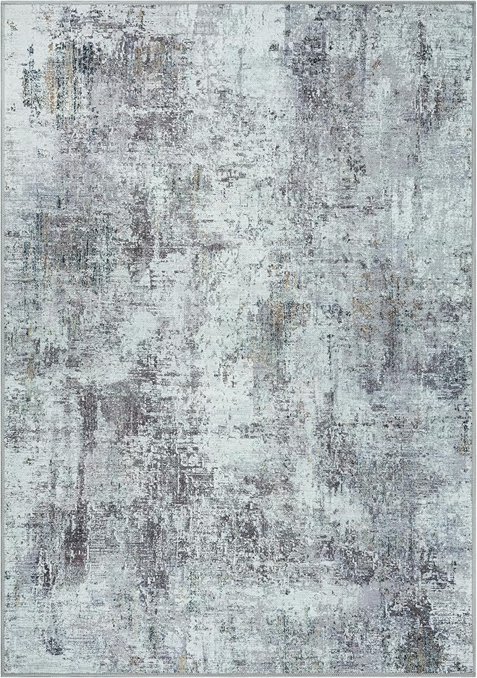 GLN Rugs Contemporary Collection - Machine Washable Area Rug, Contemporary Washable, Non Slip, Low Pile Chenille Rug, Living Room, Bedroom, Kitchen Rug (9' x 12' Grey/Green)