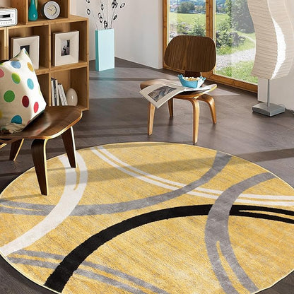 Rugshop Wavy Circles Design Round Rug, Fade-Resistant Carpet for Living Room, Dining Area, or Office, Yellow, 6'6" Round