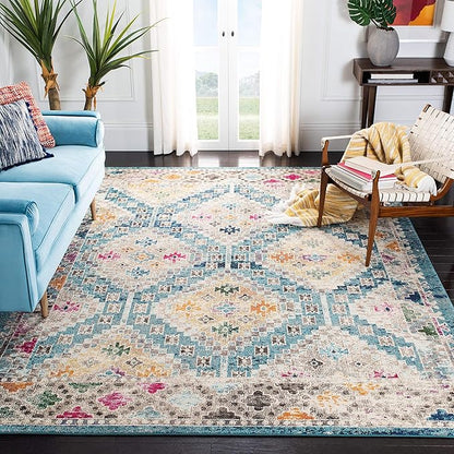SAFAVIEH Madison Collection Area Rug - 9' x 12', Dark Blue & Yellow, Boho Diamond Distressed Design, Non-Shedding & Easy Care, Ideal for High Traffic Areas in Living Room, Bedroom (MAD418N)