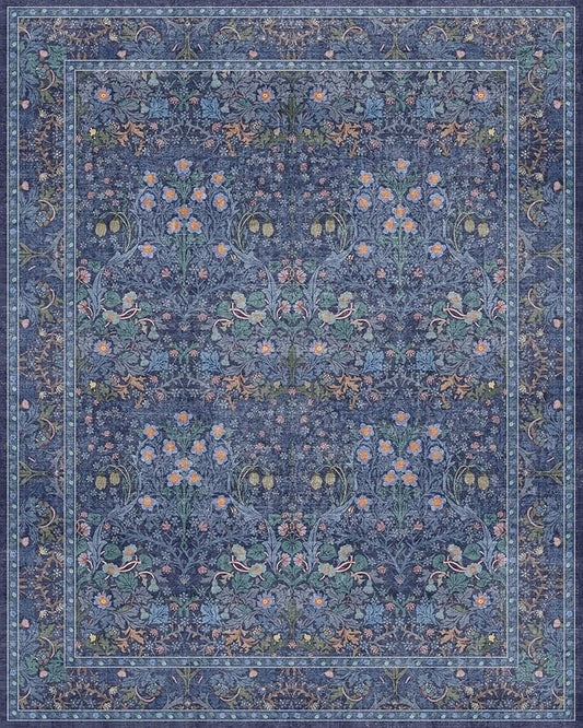 Dark Blue Living Room Rug 8x10, Vintage Floral Washable Area Rugs for Bedroom, Dining Room Under Kitchen Table, Oriental Low Pile Stain Resistant Non-Slip Large Navy Decor