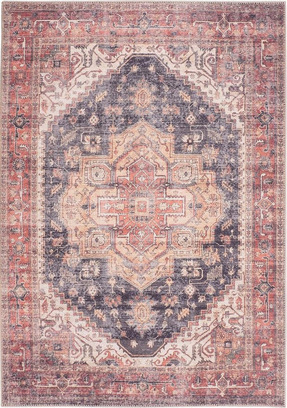 GLN Rugs Traditional Collection - Machine Washable Area Rug, Traditional Washable, Non Slip, Low Pile Chenille Rug, Living Room, Bedroom, Kitchen Rug (3' x 5' Black/Terra)