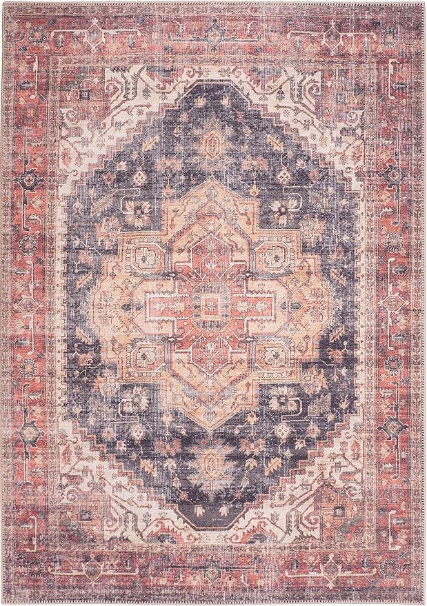 GLN Rugs Traditional Collection - Machine Washable Area Rug, Traditional Washable, Non Slip, Low Pile Chenille Rug, Living Room, Bedroom, Kitchen Rug (5' x 7' Black/Terra)