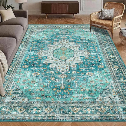 Washable Area Rug 9' x 12' Vintage Traditional Persian Mat - Foldable Distressed Non-Slip Machine Washable Carpet for Living Room Bedroom Kitchen Home Decor - Teal and Gold