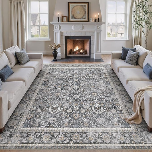 HUGEAR 6x9 Machine Washable Rugs Black Grey Hallway Large Area Rug Indoor Accent Rug Floral Low Pile Carpet Soft Throw Aesthetic Rug Bedroom Living Room Office Dining Room Kitchen Laundry Room