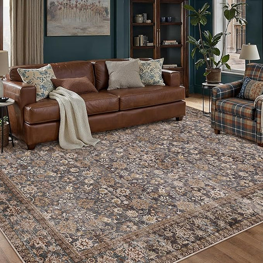 HUGEAR 8x10 Machine Washable Rugs Tradition Brown Hallway Large Area Rug Indoor Accent Rug Floral Low Pile Carpet Soft Throw Aesthetic Rug Bedroom Living Room Office Dining Room Kitchen Laundry Room