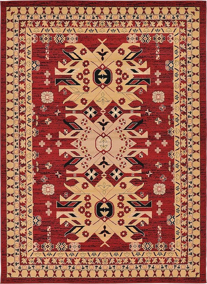 Unique Loom Taftan Collection Border Geometric Tribal Inspired Design Area Rug (7' 0 x 10' 0 Rectangular, Red/ Gold)