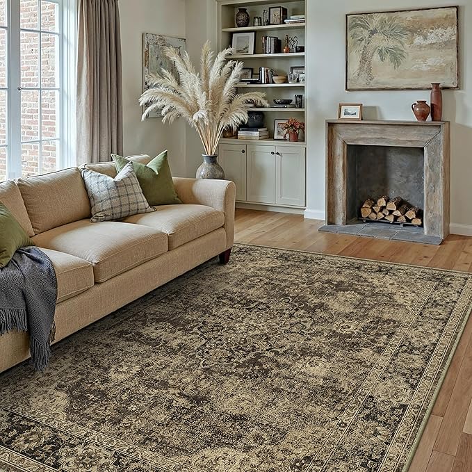 HUGEAR Retro Brown Area Rug 8x10 Machine Washable Living Room Rugs Distressed Vintage Floral Low Pile Carpet Bedroom Office Dining Room Laundry Room Non Slip Soft Lightweight