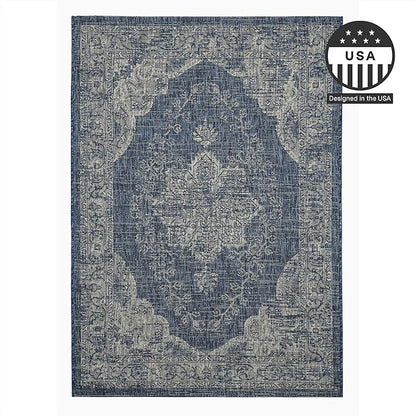 FH Home Outdoor Area Rug - Waterproof Easy to Clean Stain Resistant - Patio Indoor Outdoor Porch Deck Balcony Entryway - Vintage Distressed - Gorgan - Blue - 7ft 8in x 9ft 8in