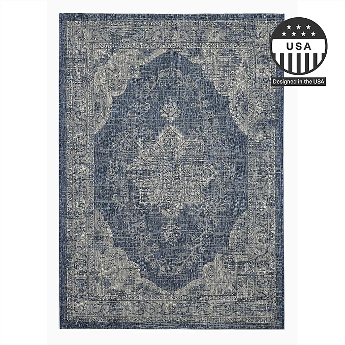 FH Home Outdoor Rug - Waterproof Easy to Clean Stain Resistant - Patio Indoor Outdoor Porch Deck Balcony Entryway - Vintage Distressed - Gorgan - Blue - 4ft x 5ft 7in