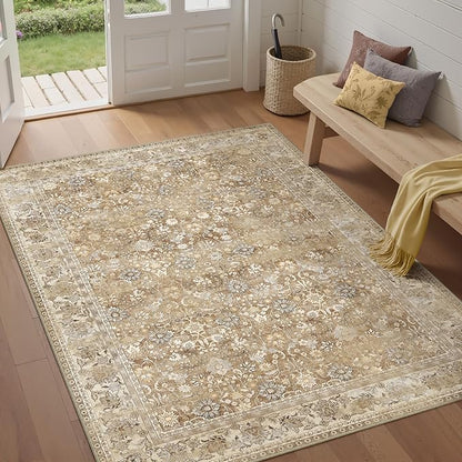 HUGEAR 5x7 Machine Washable Rugs Brown Beige Hallway Area Rug Indoor Accent Rug Floral Low Pile Carpet Soft Throw Aesthetic Rug Bedroom Living Room Office Dining Room Kitchen Laundry Room Non Slip
