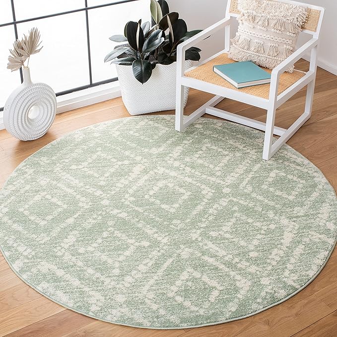 SAFAVIEH Adirondack Collection 8' Round Green/Ivory ADR131Y Modern Diamond Distressed Non-Shedding Area Rug