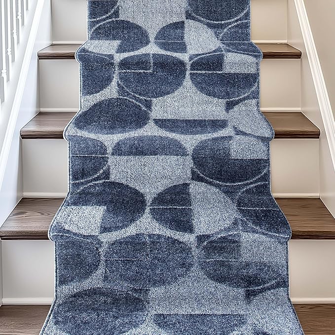 Well Woven Custom Size Hallway & Stair Runner- Harlow Harmony Blue 27 Inches Wide x 55 Feet Long Runner (27" x 55') Runner Rug - Modern Geometric Pattern, Ultra-Soft, Easy-Clean