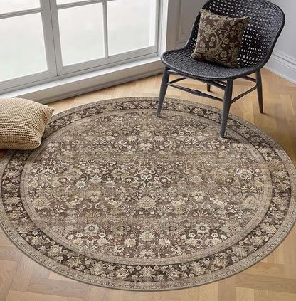 HUGEAR Round Rug 5ft Entryway Rugs Machine Washable Brown Hallway Area Rug 5x5 Small Circle Accent Rug Floral Low Pile Carpet Soft Throw Rug Living Room Office Laundry Room Entrance Non Slip