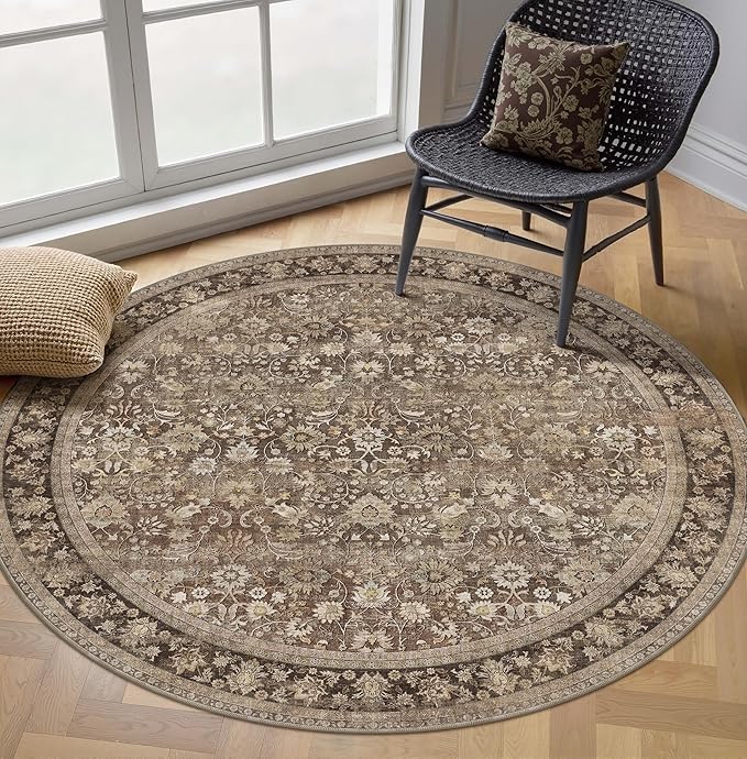 HUGEAR Round Rug 4ft Entryway Rugs Machine Washable Brown Hallway Area Rug 4x4 Small Circle Accent Rug Floral Low Pile Carpet Soft Throw Rug Living Room Office Laundry Room Entrance Non Slip