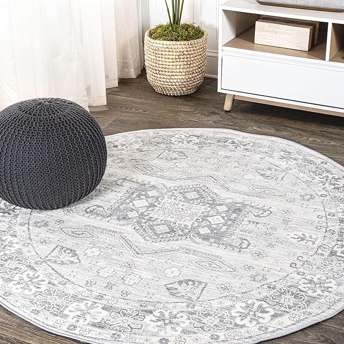 JONATHAN Y Modern Vintage Medallion Light Grey 6' Round Indoor Area Rug, Country, Floral, Easy-Cleaning for Living Room, Bedroom, Kitchen, Pet Friendly, Non-Shedding (MDP108B-6R)