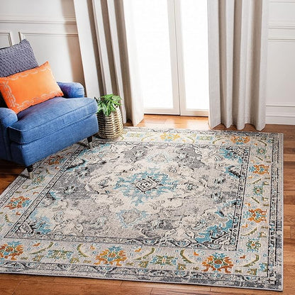 SAFAVIEH Monaco Collection Area Rug - 3' Square, Grey & Light Blue, Boho Chic Medallion Distressed Design, Non-Shedding & Easy Care, Ideal for High Traffic Areas in Living Room, Bedroom (MNC243G)