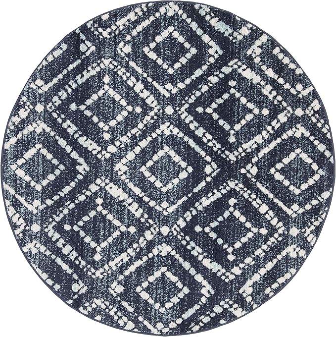 SAFAVIEH Adirondack Collection 6' Round Navy/Ivory ADR131N Modern Diamond Distressed Non-Shedding Dining Room Entryway Foyer Living Room Bedroom Area Rug