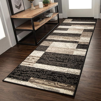 SUPERIOR Indoor Runner Area Rug with Jute Backing for Kitchen, Bedroom, Dorm, Living Room, Hallway, Entryway, Perfect for Hardwood Floors - Rockwood Modern Geometric Design, 2'6" X 10', Chocolate