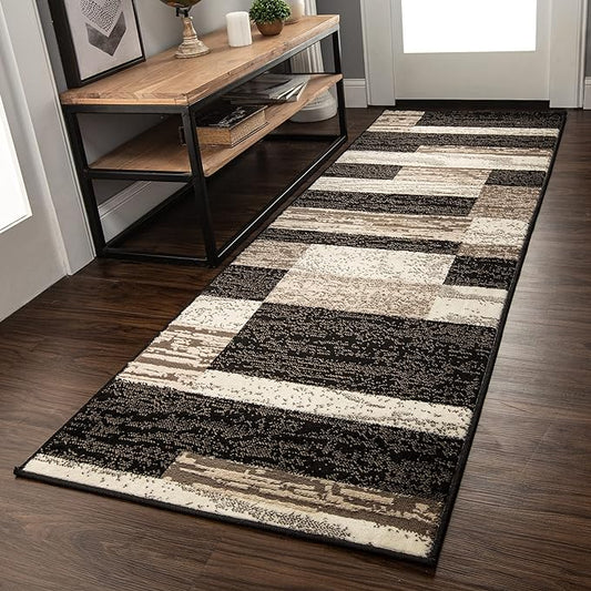 SUPERIOR Indoor Runner Area Rug with Jute Backing for Kitchen, Bedroom, Dorm, Living Room, Hallway, Entryway, Perfect for Hardwood Floors - Rockwood Modern Geometric Design, 2'6" X 10', Chocolate